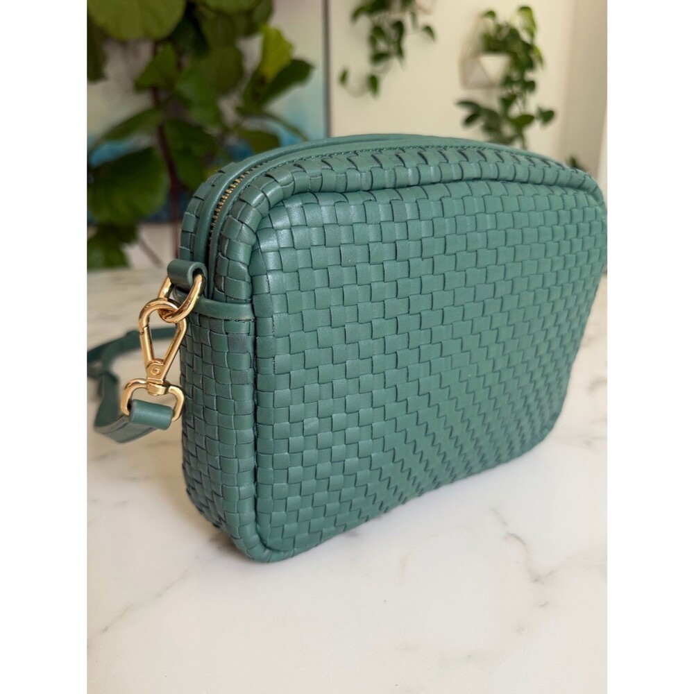 Quince Italian Leather Handwoven Crossbody Bag Emerald Green - Picture 6 of 14
